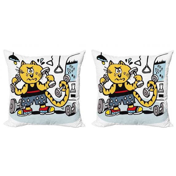 Ambesonne Fitness Throw Pillow Cover 2 Pack, Cartoon Cat Lifting, 16", Multicolor
