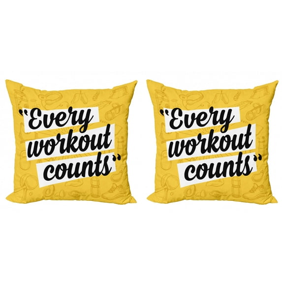 Ambesonne Fitness Throw Pillow Cover 2 Pack, Every Workout Counts, 24", Yellow White and Black