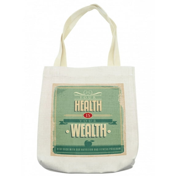 Fitness Tote Bag, Your Health is Your Wealth Vintage Poster Design Inspirational, Cloth Linen Reusable Bag for Shopping Books Beach and More, 16.5" X 14", Cream, by Ambesonne