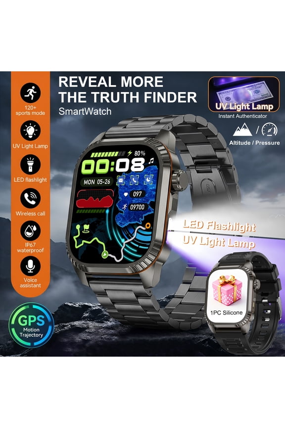 [Fitness Tracker Watch] Smart Watch: 1.95"/4.95cm HD Screen, UV/LED Light, GPS Route Tracking, Altimeter, Barometer, Voice Assistant, Alloy Case, Multifunctional for Business & Fitness