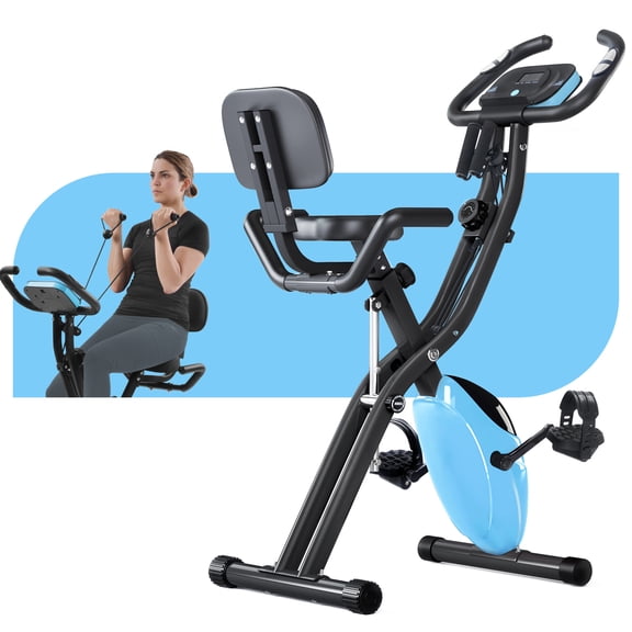 Fitness Upright and Recumbent X-Bike with 16-Level Adjustable Resistance Arm Bands and Backrest Foldable