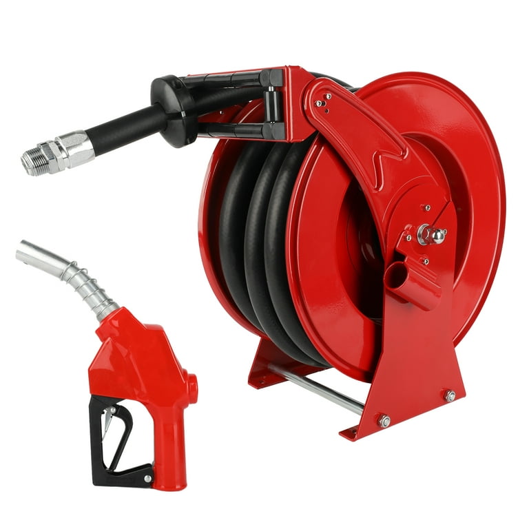 Fitnet Fuel Hose Reel Retractable with Fueling Nozzle 1 inch x 32' Spring Driven Diesel Hose Reel 300 PSI Industrial Auto Swivel Heavy Duty Steel
