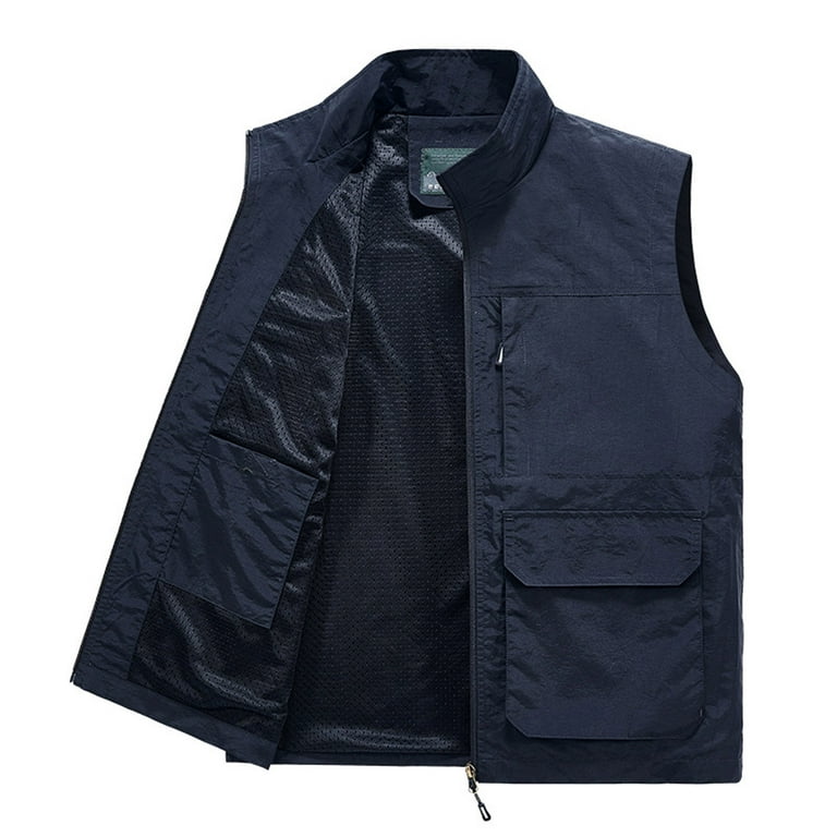 Zunfeo Vest for Men- Cargo Vest Casual Sleeveless Turtleneck Solid with  MultiplePockets Relaxed Fit Zipper Lightweight Waistcoat Vest Dark Blue 2XL