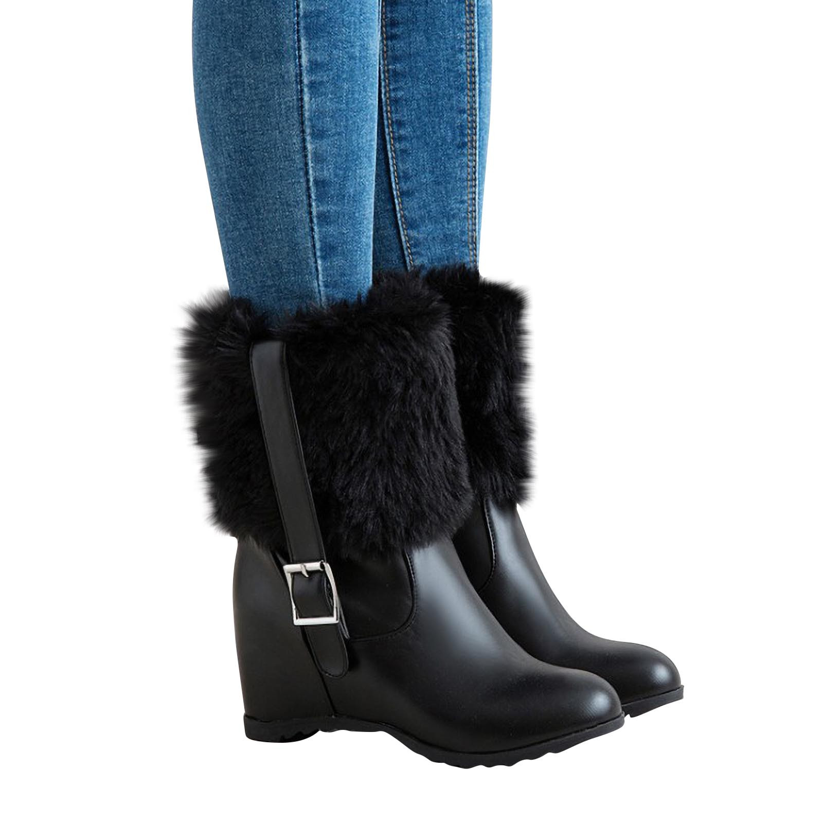 Fitoron Winter Boots for Women Warm Plush Snow Boots Wedge Mid Calf