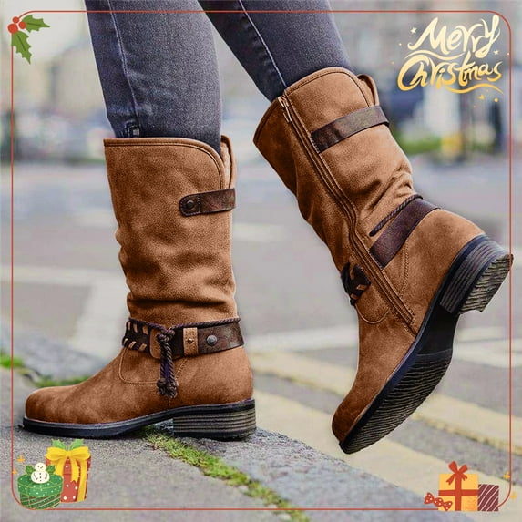 Fitoron Womens Mid Calf Boots Winter Warm Suede Boots Low Heel Cowboy Boots Christmas Gift Clearance Brown 36