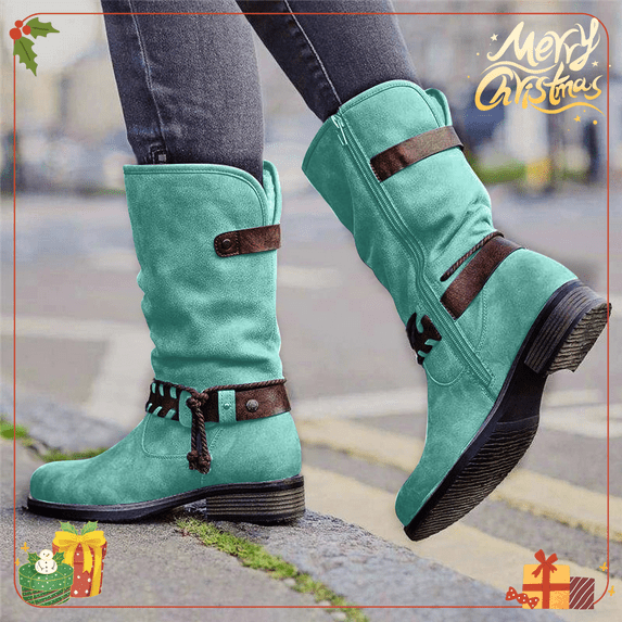 Fitoron Womens Mid Calf Boots Winter Warm Suede Boots Low Heel Cowboy Boots Christmas Gift Clearance Green 38