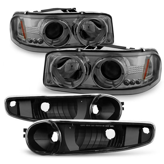 AKKON - For 2001-2006 GMC Sierra | Yukon XL | Denali Smoked Dual LED Headlights + Black Bumper Signal Lamp