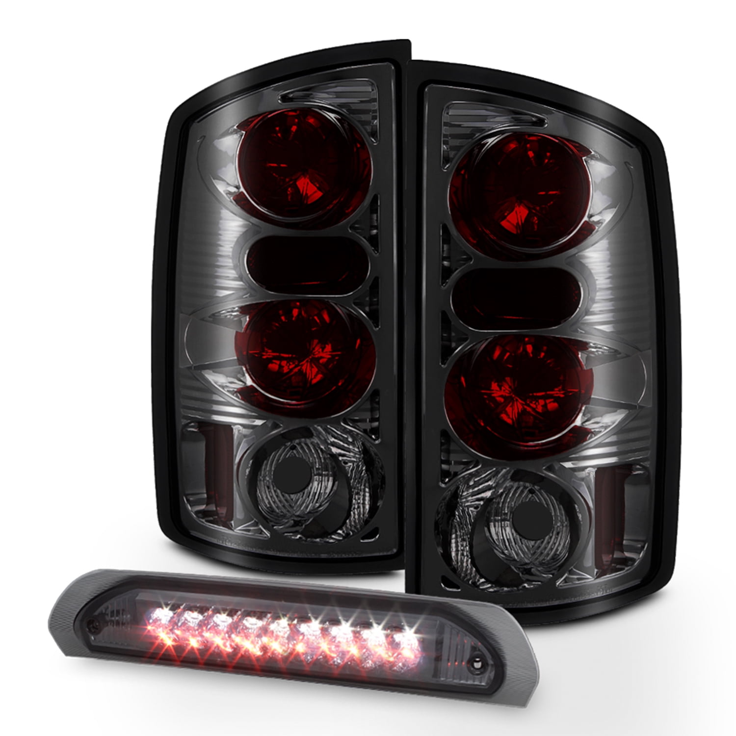 AKKON - For 2002-2006 Dodge Ram 1500 2003-2006 2500 3500 Pickup Truck Smoked Tail Lights + LED Smoked 3rd Third Brake Lamps