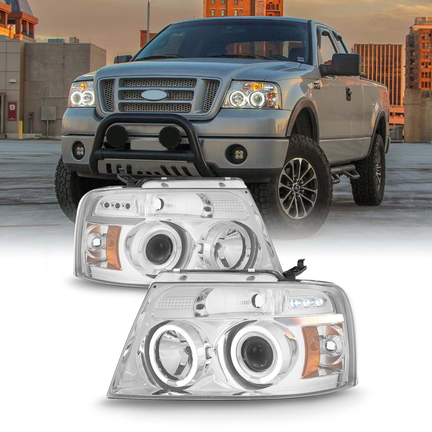 Fits 04 08 F150 Pickup Truck Chrome Dual Halo Projector LED G2 Headlights Lamps Fits select 2004 2008 FORD F150 2006 2008 LINCOLN MARK LT