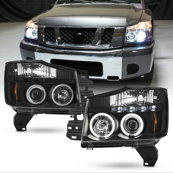 AKKON - For Nissan Titan Armada Black Bezel Dual Halo Projector LED Headlights Front Lamps Replacement Pair