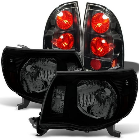 AKKON - For 2005-2011 Toyota Tacoma Black Bezel Smoked Lens Headlights Lamp + Blk Tail Brake light Combo Replacement