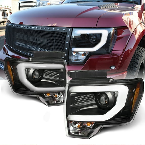 AKKON - For 09-14 Ford F150 Pickup Black Housing DRL Daylight LED Strip Halogen Type Projector Headlights Lamps