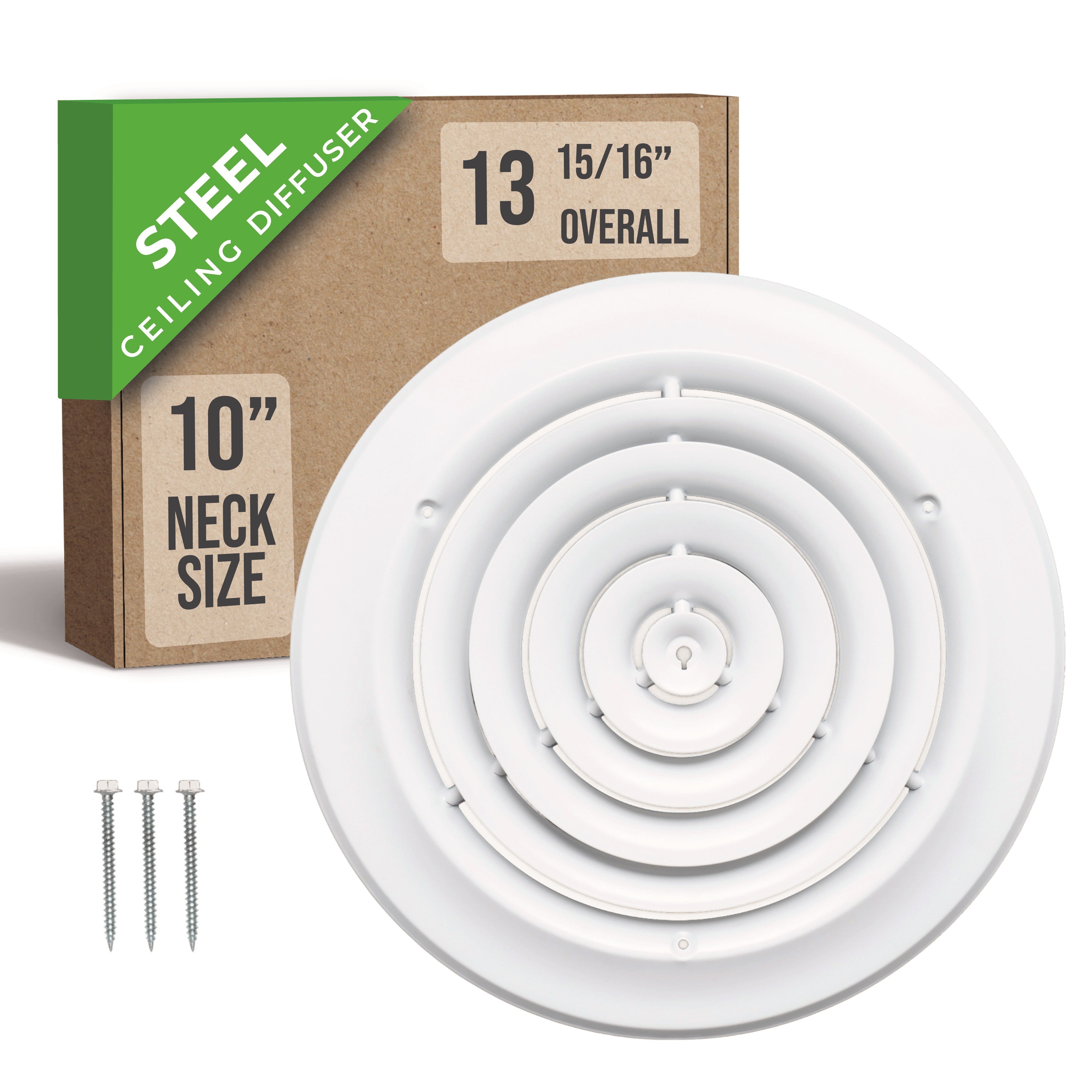 Fits 10 Inch Neck Air Duct | Steel Round Air Supply Diffuser for Ceiling by Handua | Round Diffuser Vent Cover | White | Outer Dimension: 13-15/16"