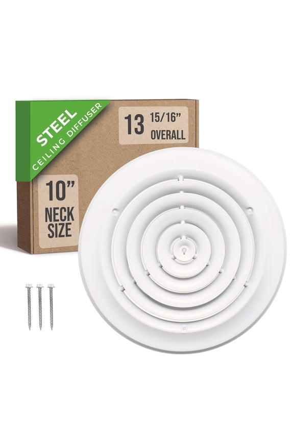 Fits 10 Inch Neck Air Duct | Steel Round Air Supply Diffuser for Ceiling by Handua | Round Diffuser Vent Cover | White | Outer Dimension: 13-15/16"