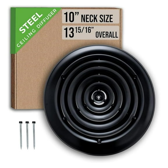 Fits 10 Inch Neck Air Duct | Steel Round Air Supply Diffuser for Ceiling by | Round Diffuser Vent Cover | Black | Outer Dimension: 13-15/16"