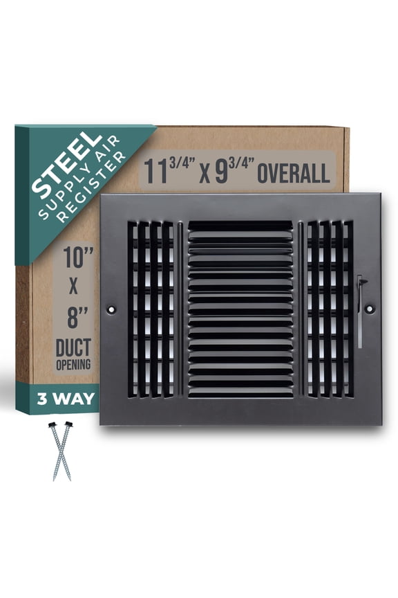 Fits 10x8 Duct Opening 3 WAY Steel Air Supply Diffuser by Handua | Register Vent Cover Grill for Sidewall and Ceiling | Black | Outer Dimensions: 11.75" X 9.75"