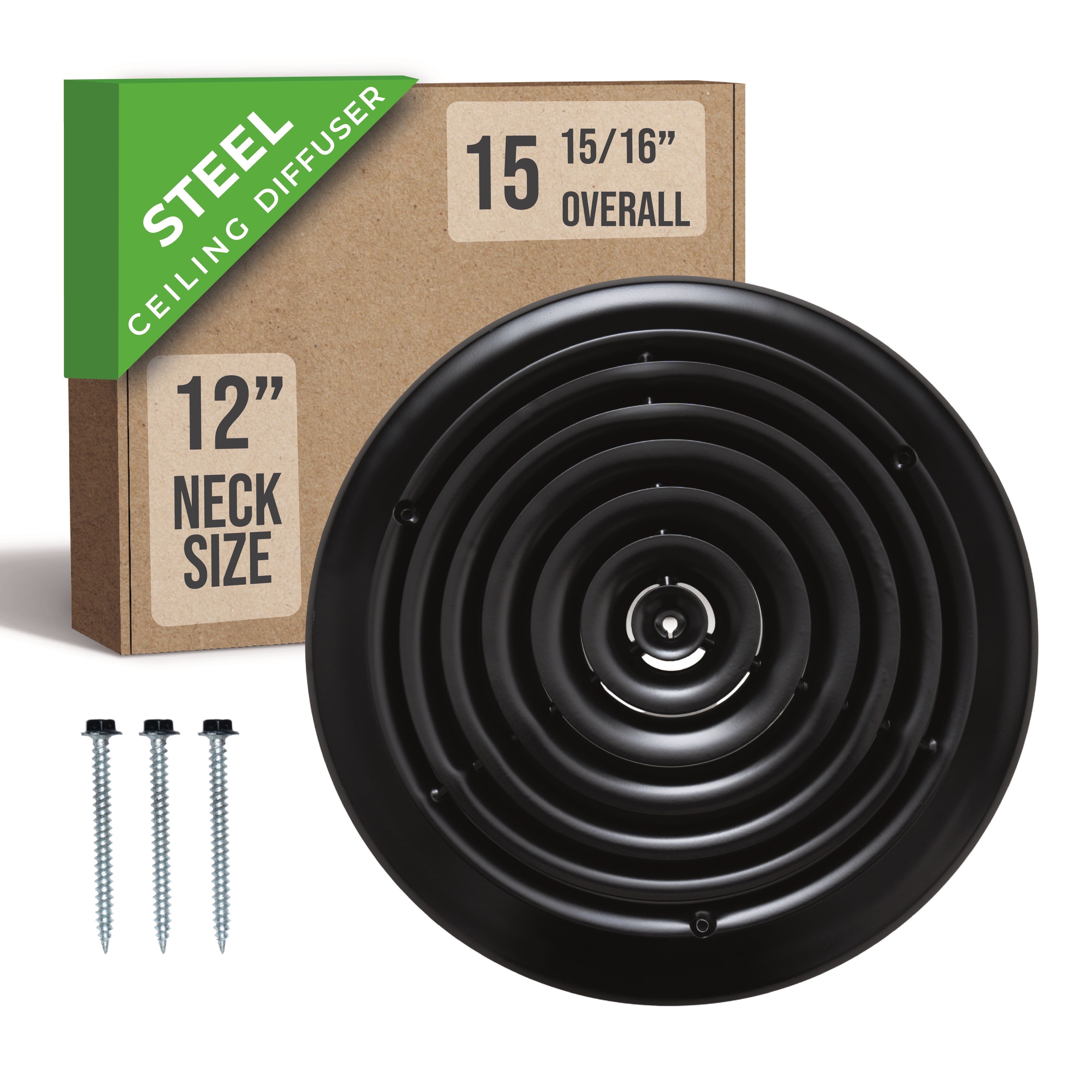 Fits 12 Inch Neck Air Duct | Steel Round Air Supply Diffuser for Ceiling by Handua | Round Diffuser Vent Cover | Black | Outer Dimension: 15-15/16"