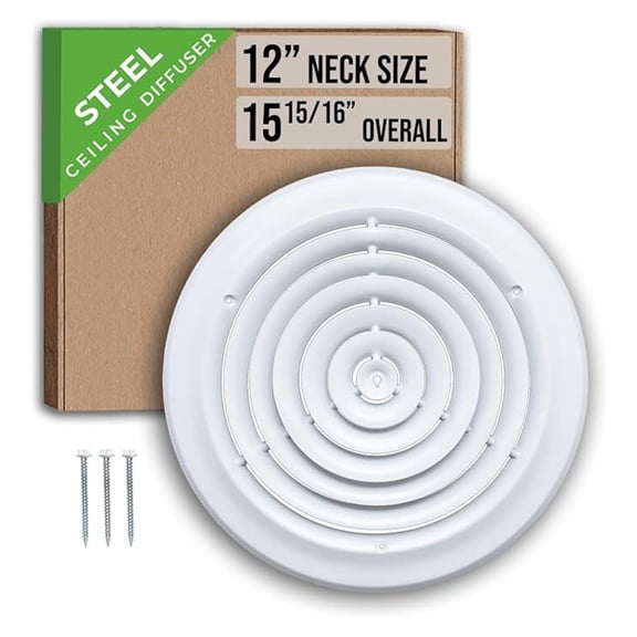 Fits 12 Inch Neck Air Duct | Steel Round Air Supply Diffuser for Ceiling by | Round Diffuser Vent Cover | White | Outer Dimension: 15-15/16"