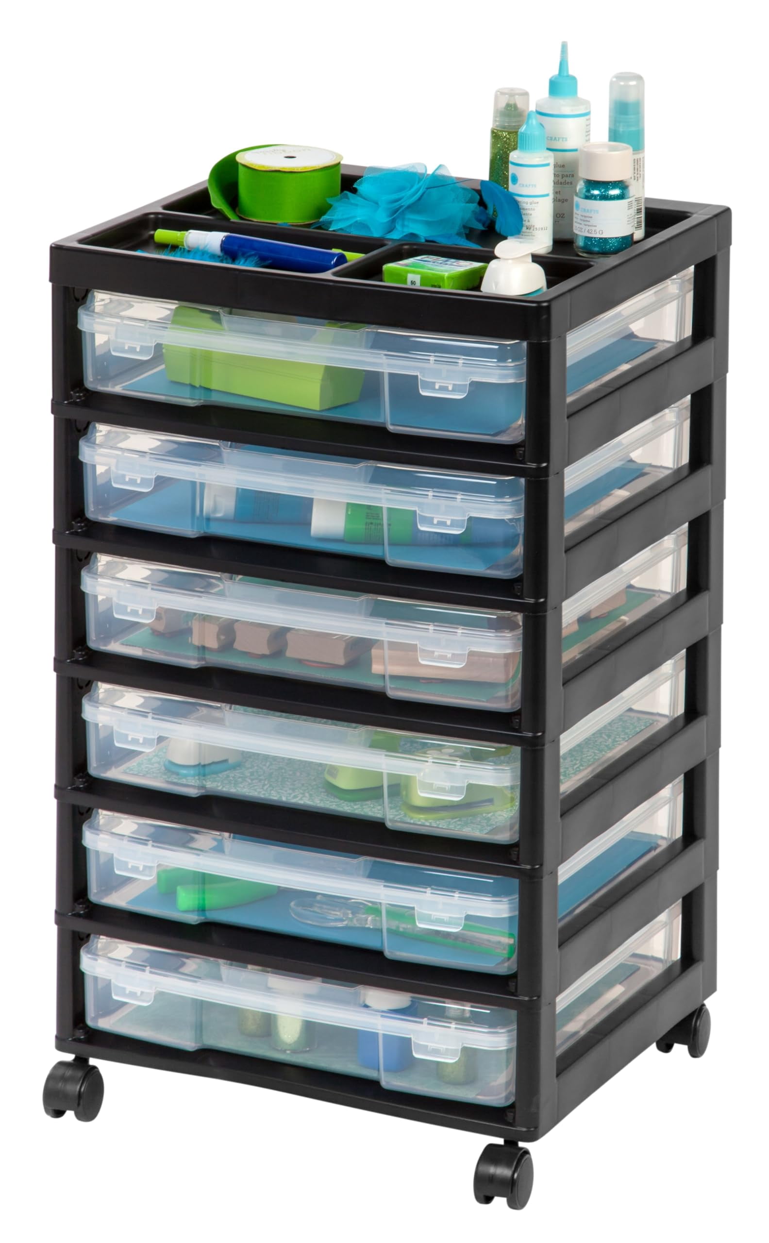 Fits 12" X Paper  6-tier Scrapbook Rolling Storage Cart With Organizer For Stationery Vinyl Tools Office Art And Craft Supplies Yarn 6 Clear Cases W/built In Handle - Black/clear