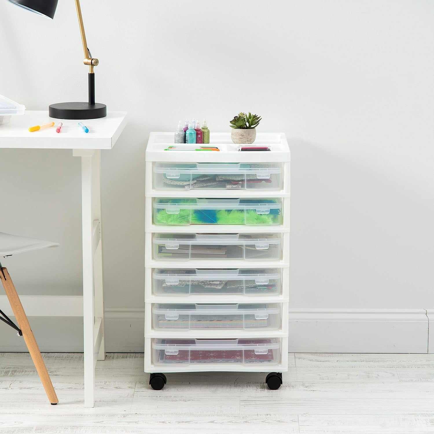 Fits 12" x 12" Paper, 6-Tier Scrapbook Rolling Storage Cart with Organizer for Stationery Vinyl Tools Office Art and Craft Supplies, Yarn, 6 Clear Cases w/Built in Handle - White/Clear