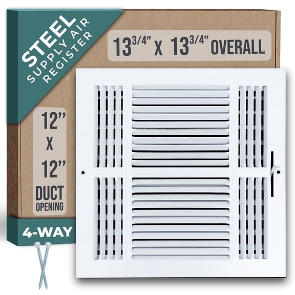 Fits 12x12 Duct Opening 4 WAY Steel Air Supply Diffuser by Handua | Register Vent Cover Grill for Sidewall and Ceiling | White | Outer Dimensions: 13.75" X 13.75"