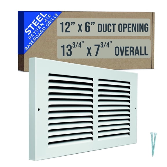 Fits 12x6 Duct Opening | Steel Baseboard Return Air Grille by Handua | Vent Cover Grill | 7/8" Margin Turnback [Depth] to Fit Baseboard | White | Outer Dimensions: 13.75"W X 7.75 "H