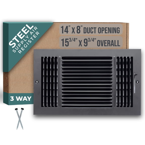 Fits 14x8 Duct Opening 3 WAY Steel Air Supply Diffuser by Handua | Register Vent Cover Grill for Sidewall and Ceiling | Black | Outer Dimensions: 15.75" X 9.75"