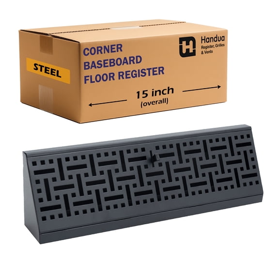 Fits 15" Baseboard Space | Corner Baseboard Register by Handua | Decorative Design | 15" External Length Register Vent Cover Grill | Adjustable Lever for Air Flow Control | Black
