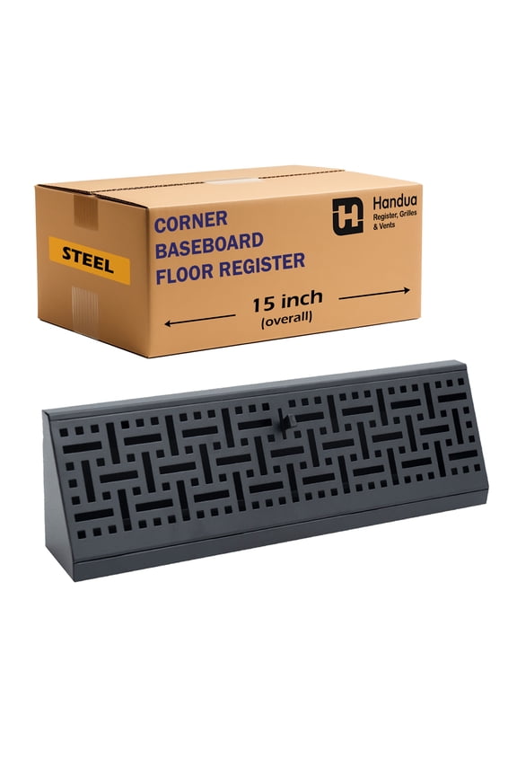 Fits 15" Baseboard Space | Corner Baseboard Register by Handua | Decorative Design | 15" External Length Register Vent Cover Grill | Adjustable Lever for Air Flow Control | Black