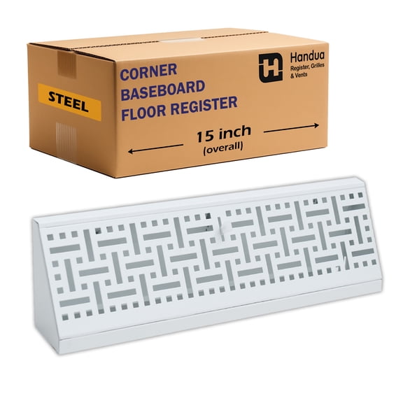Fits 15" Baseboard Space | Corner Baseboard Register by Handua | Decorative Design | 15" External Length Register Vent Cover Grill | Adjustable Lever for Air Flow Control | White