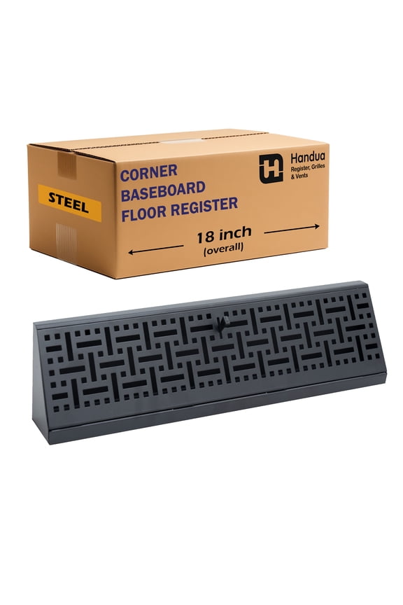 Fits 18" Baseboard Space | Corner Baseboard Register by Handua | Decorative Design | 18" External Length Register Vent Cover Grill | Adjustable Lever for Air Flow Control | Black