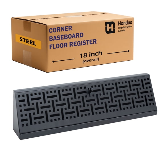 Fits 18" Baseboard Space | Corner Baseboard Register by Handua | Decorative Design | 18" External Length Register Vent Cover Grill | Adjustable Lever for Air Flow Control | Black
