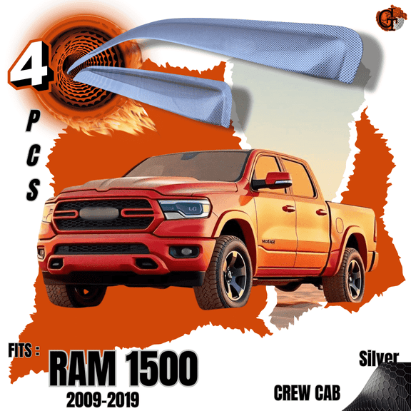 GIT Rain Guard Side Window Wind Deflector for 2009-2019 Dodge Ram 1500 Crew Cab: Out-Channel, Easy Mount, Carbon Fiber Silver