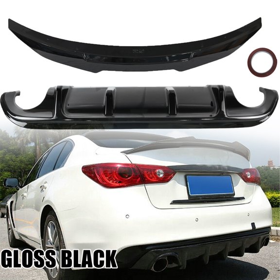 Fits 2014-2017 Infiniti Q50 Rear Bumper Diffuser Lip & Rear Spoiler Glossy Black