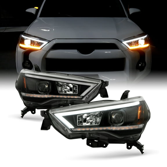 Fits 2014-2020 Toyota 4Runner SUV LED Tube DRL Running Sequential Turn Signal Projector Black Headlights Pair Left+Right