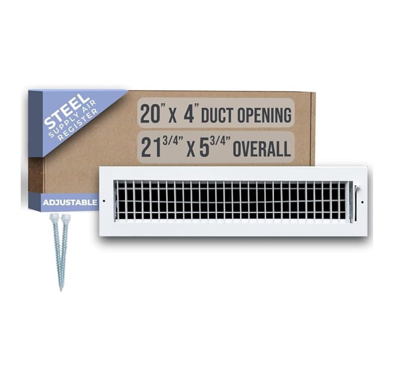 Fits 20x4 Duct Opening Steel Adjustable Air Supply Grille by | Register Vent Cover Grill for Sidewall and Ceiling | White | Outer Dimensions: 21.75" X 5.75"