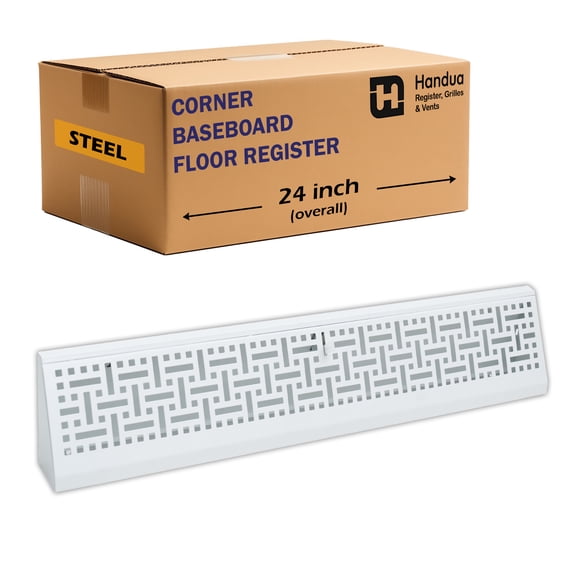 Fits 24" Baseboard Space | Corner Baseboard Register by Handua | Decorative Design | 24" External Length Register Vent Cover Grill | Adjustable Lever for Air Flow Control | White