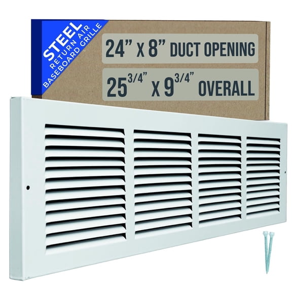 Fits 24x8 Duct Opening | Steel Baseboard Return Air Grille by Handua | Vent Cover Grill | 7/8" Margin Turnback [Depth] to Fit Baseboard | White | Outer Dimensions: 25.75"W X 9.75 "H