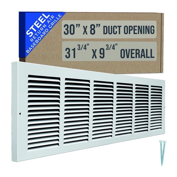 Fits 30x8 Duct Opening | Steel Baseboard Return Air Grille by Handua | Vent Cover Grill | 7/8" Margin Turnback [Depth] to Fit Baseboard | White | Outer Dimensions: 31.75"W X 9.75 "H