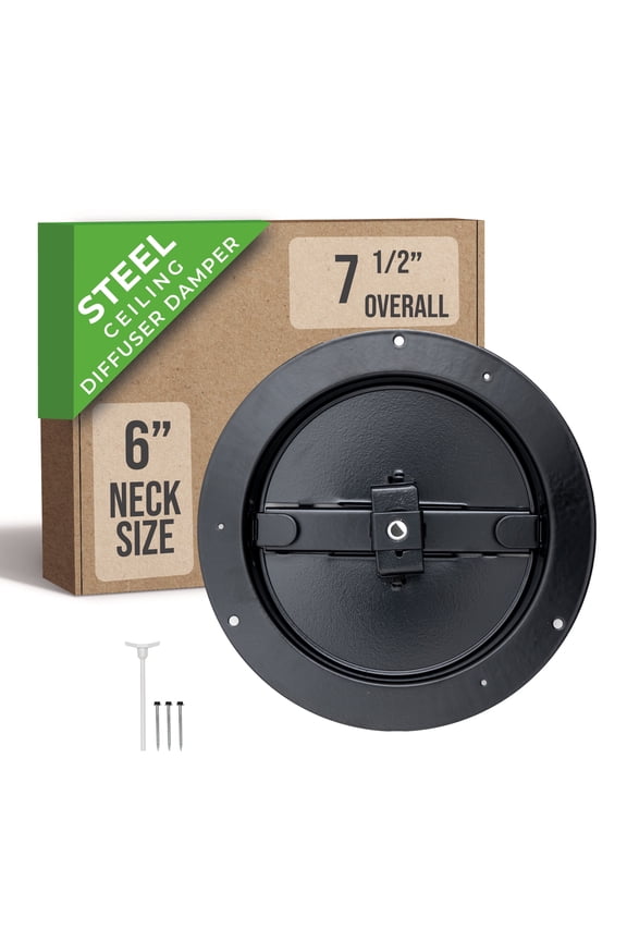 Fits 6 Inch Neck Air Duct | Steel Butterfly Damper by Handua | For Round Ceiling Air Supply Diffuser with Plastic Key-Handle | Black | Outer Dimension: 7-1/2"