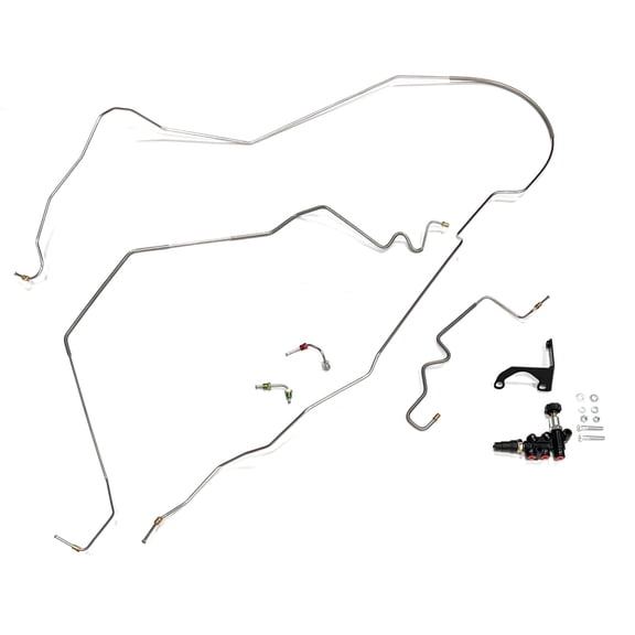 Fits 68-74 Nova. Brake line kit fits only power brakes with the included adjustable 5 port valve. Includes Front Line Kit, Front to Rear Line, Valve and Bracket