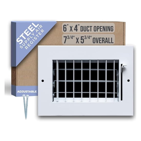 Fits 6x4 Duct Opening Steel Adjustable Air Supply Grille by | Register Vent Cover Grill for Sidewall and Ceiling | White | Outer Dimensions: 7.75" X 5.75"