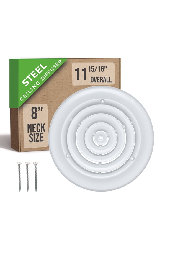 Fits 8 Inch Neck Air Duct | Steel Round Air Supply Diffuser for Ceiling by Handua | Round Diffuser Vent Cover | White | Outer Dimension: 11-15/16"
