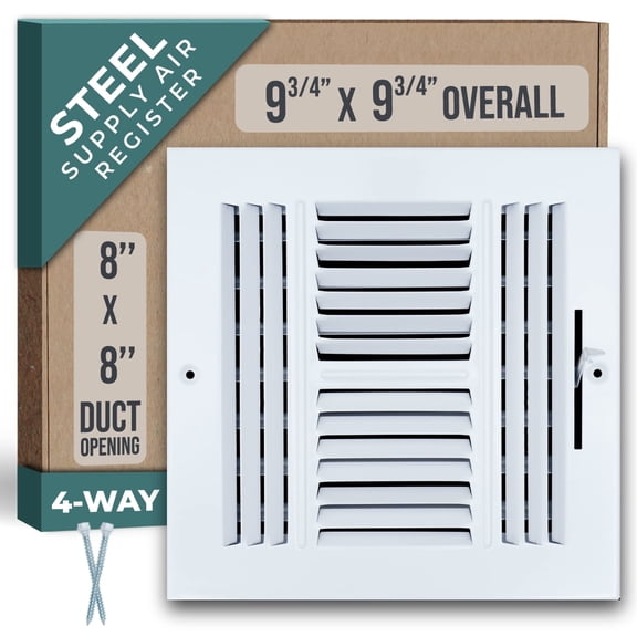 Fits 8x8 Duct Opening 4 WAY Steel Air Supply Diffuser by Handua | Register Vent Cover Grille for Sidewall and Ceiling | White | Outer Dimensions: 9.75" X 9.75"