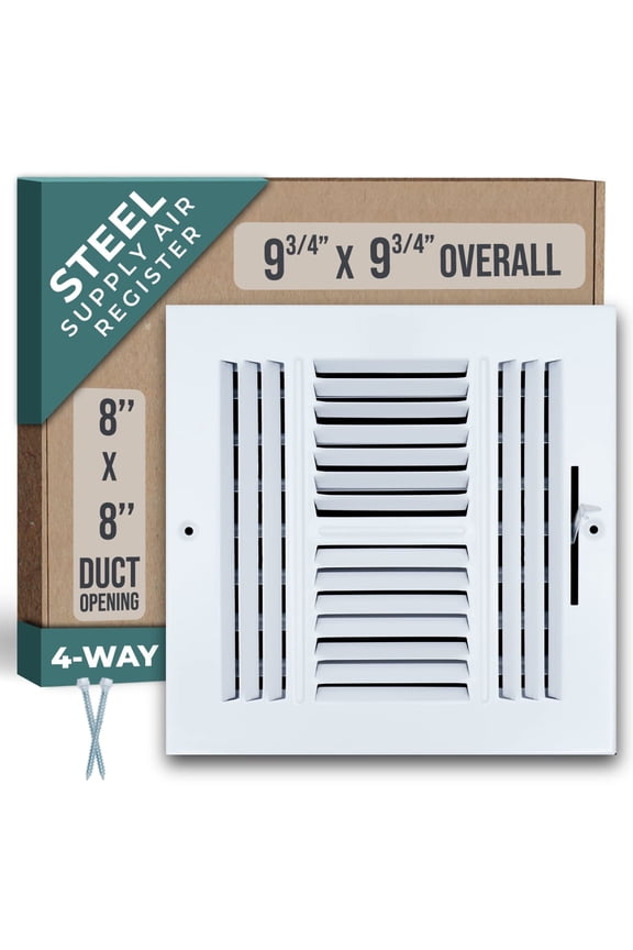 Fits 8x8 Duct Opening 4 WAY Steel Air Supply Diffuser by Handua | Register Vent Cover Grille for Sidewall and Ceiling | White | Outer Dimensions: 9.75" X 9.75"