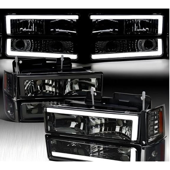Fits 94-98 Chevy C10 C/K Silverado Tahoe Smoke LED Tube Headlights+Bumper Lamps