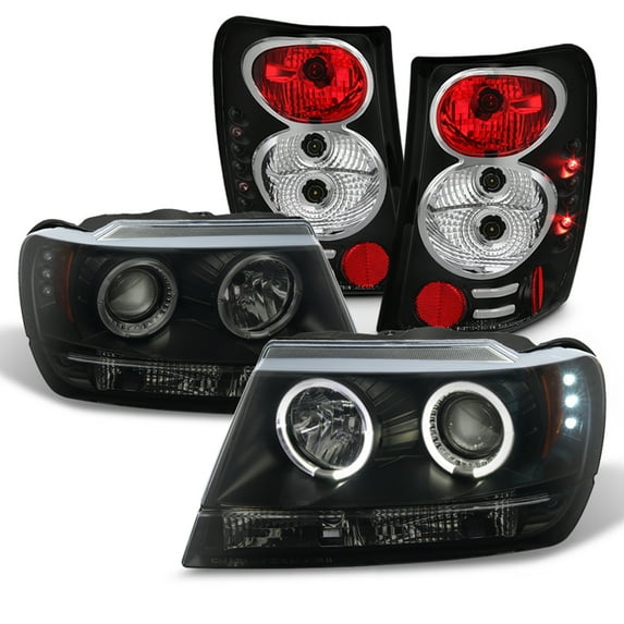 AKKON - For Jeep Grand Cherokee Black Smoke Dual Ring Projector LED Headlights+Black Tail light