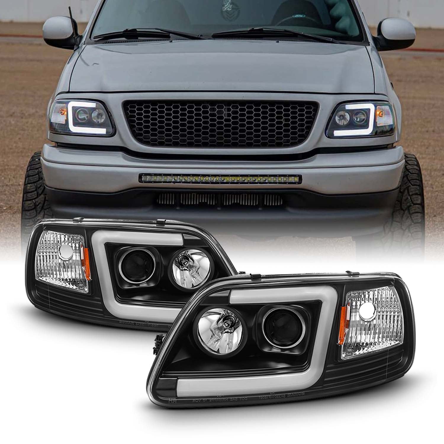Fits Black 97 03 Ford F150 97 02 Expedition LED Bar Projector Headlights Fits select 1998 1999 FORD F250