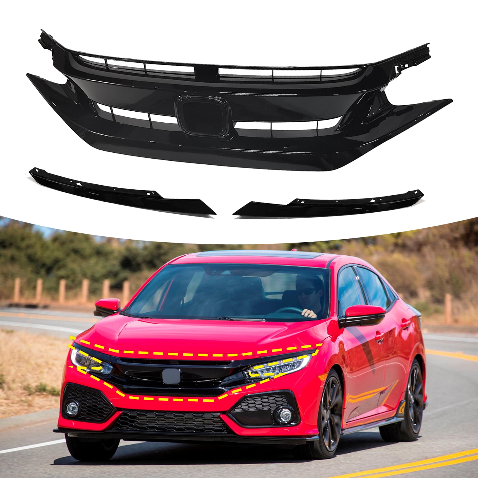 Fits For 2019 2020 2021 Honda Civic Sedan Bumper Black Front Upper Mesh Grille Grill With Eyelid Molding