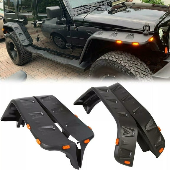 Fits Jeep Wrangler JK 2007-18 Pocket Rivet Style Smooth Fender Flares w/LED Side